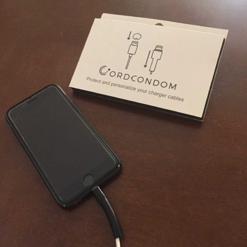 Packaging Of CordCondom and Visual of CordCondom on apple lightning cable